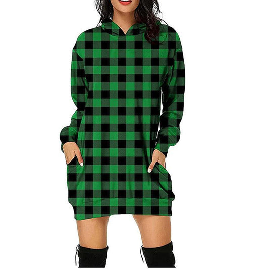 Long Sleeve Sweatshirt Printed Plaid Mid Length Hooded Long Sleeve Sweatshirt Women's