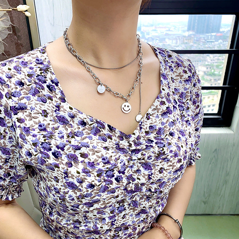 Titanium Steel Round Brand Smiley Face Double-layer Clavicle Chain Women