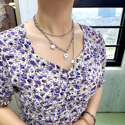 Titanium Steel Round Brand Smiley Face Double-layer Clavicle Chain Women