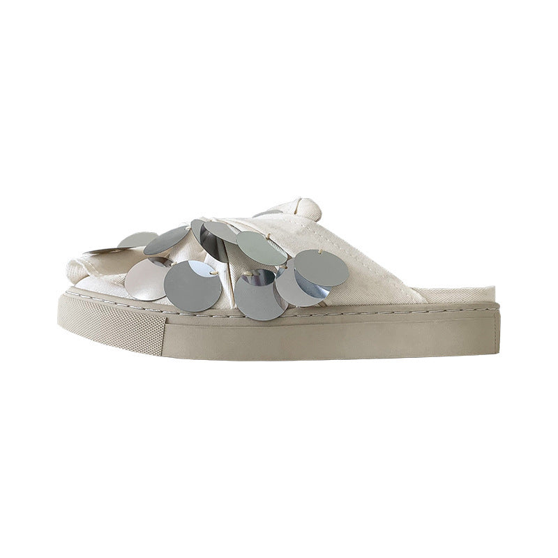 Women's Outer Wear Shoes Baotou Semi-sequined Small White Shoes Slippers Women's Outer Wear