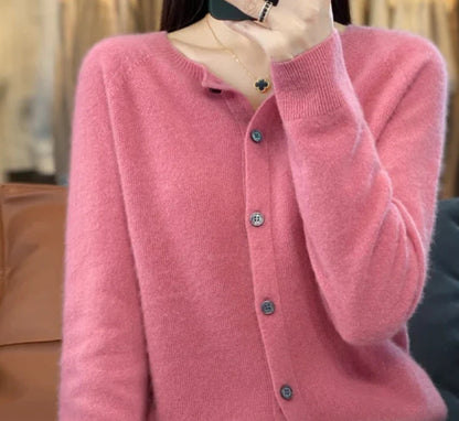 Cashmere Wool Cardigan Sweater Women's O-Neck Long-sleeve