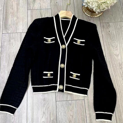 Elegant Metal Button Knit Cardigan V-Neck Letter Jacquard