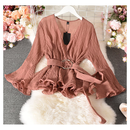 Cross V-Neck Low-Cut Sexy Flared Sleeve Top