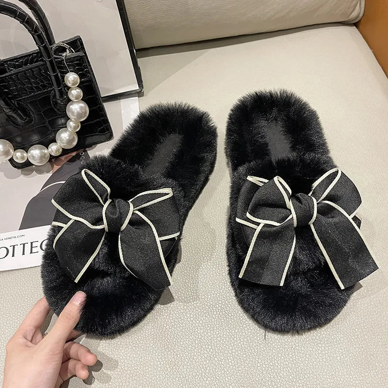 Flat Slippers Cute Fashion Bowknot Plush Flat Slippers