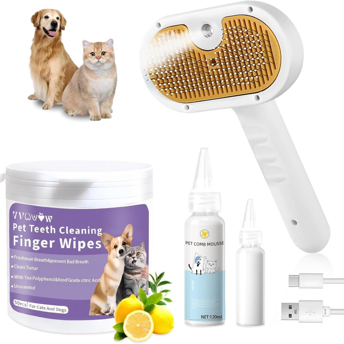 Universal Pet Steam Brush For Cats And Dogs 3-in-1 Spray Hair Removal Comb With Waterless Shampoo