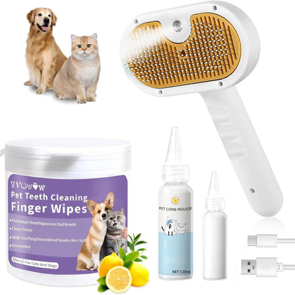 Universal Pet Steam Brush For Cats And Dogs 3-in-1 Spray Hair Removal Comb With Waterless Shampoo