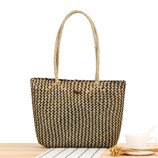 Shoulder Handbag Natural Mat Grass Woven Open Shoulder Handbag