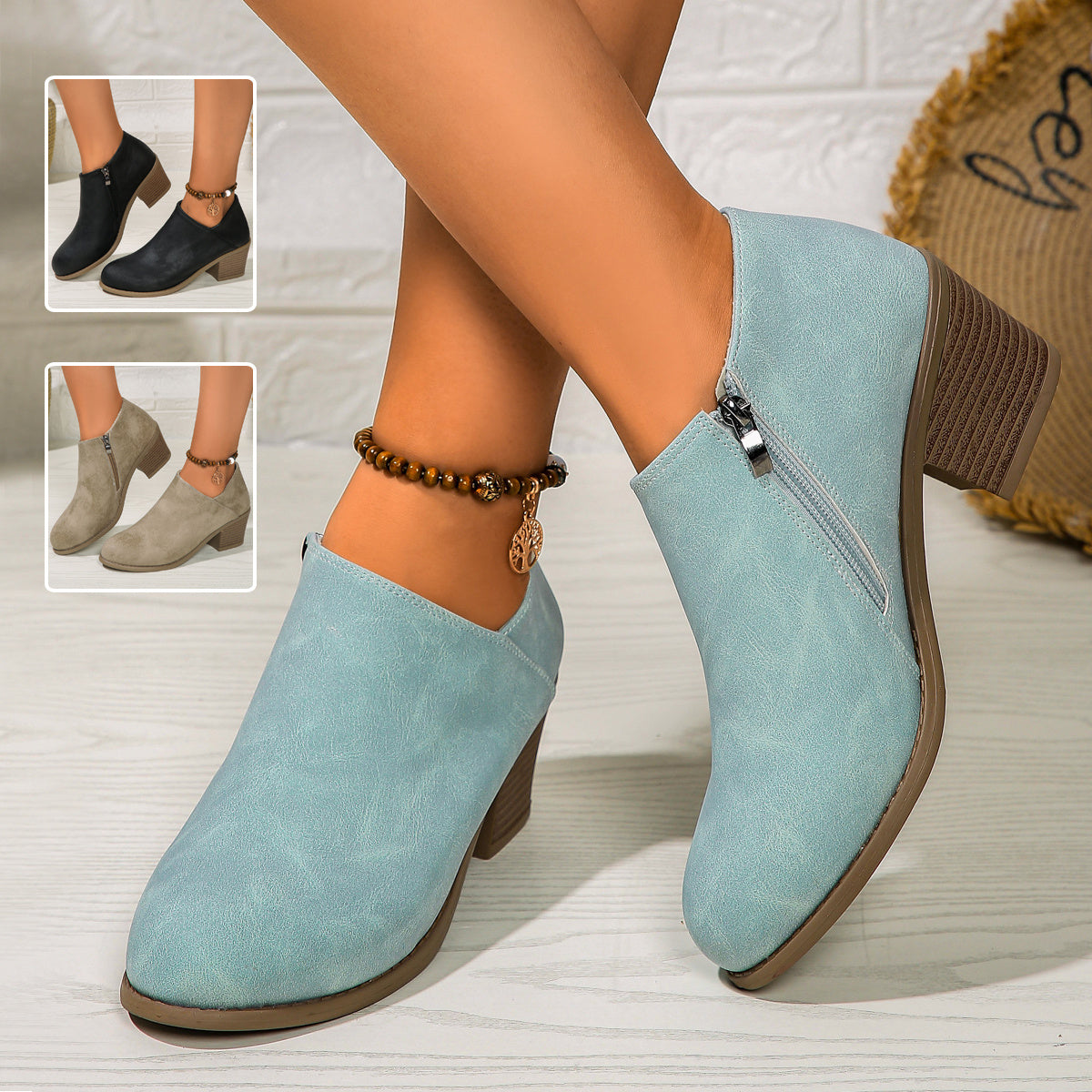 Ankle Boots Chunky Heel Round Toe Ankle Boots With Side Zipper Design Fashion Fall Winter Short Boots For Women Shoes