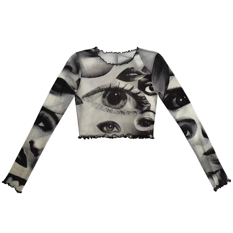 New Style Women's Mesh Gauze Big Eyes Print Short Cropped Top T-shirt Wood Ears