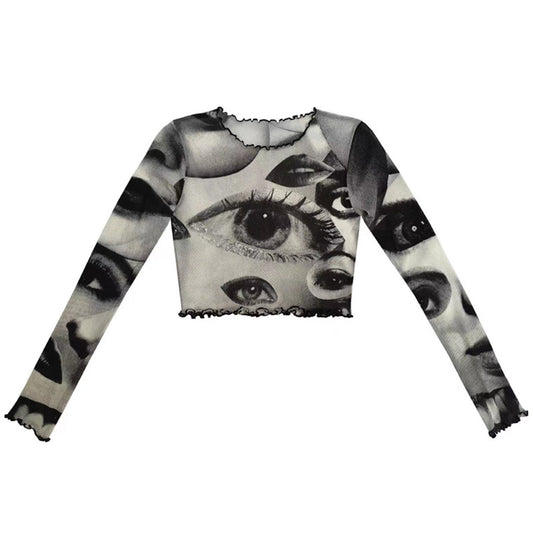 New Style Women's Mesh Gauze Big Eyes Print Short Cropped Top T-shirt Wood Ears