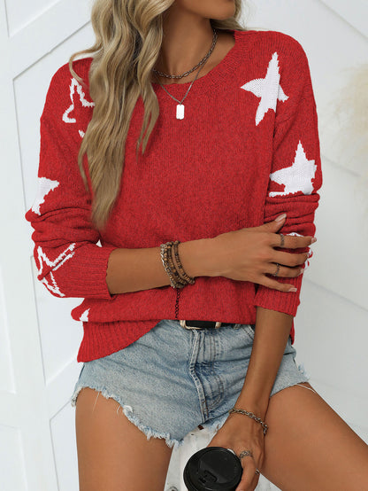 Round Neck Contrast Color XINGX Jacquard Regular Casual Woolen Pullover Top