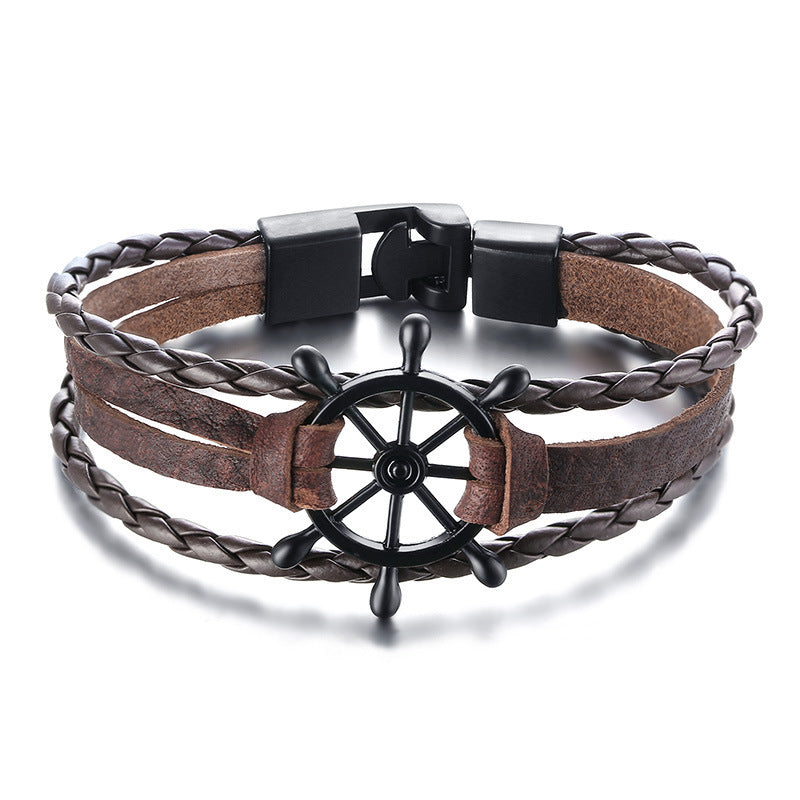 Leather Bracelet Black Alloy Buckle Rudder - sumet.shop