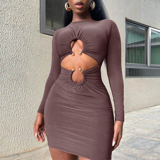 Long Sleeve Short Dress Women's Skirt Slim Fit Midriff Outfit Metal Buckle Long Sleeve Short Dress