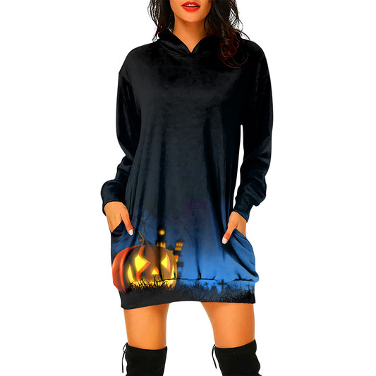 Pullover Hooded Sweater Dress Halloween Theme Women's Pullover Hooded Sweater Dress