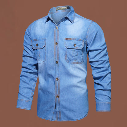 Denim Long-sleeved Shirt  Cotton Bamboo Denim Long-sleeved Shirt Men's Casual Cotton Washed Jacket