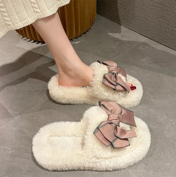 Flat Slippers Cute Fashion Bowknot Plush Flat Slippers