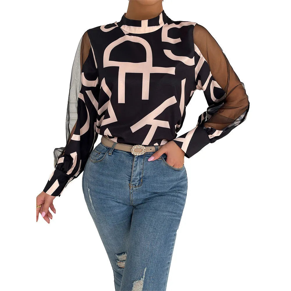 Round Neck Pullover Top Geometric Print Stitching Mesh Round Neck Pullover Top