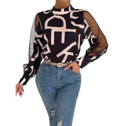 Round Neck Pullover Top Geometric Print Stitching Mesh Round Neck Pullover Top
