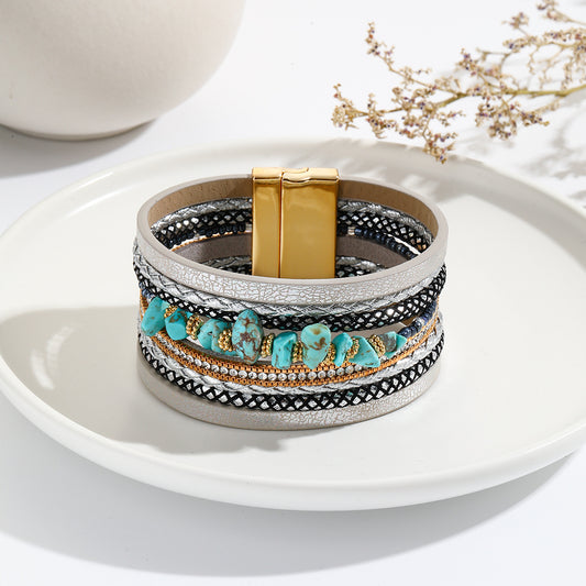 Irregular Turquoise Design Wide-brimmed Leather Bracelet Creative Rhinestone-encrusted - sumet.shop