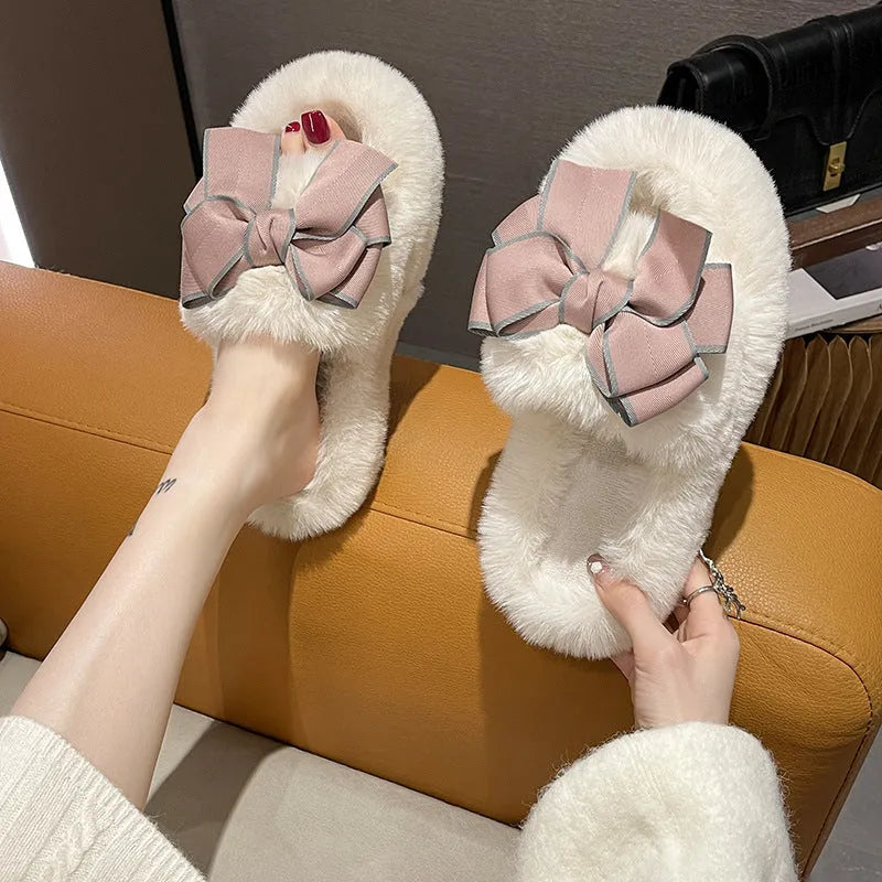 Flat Slippers Cute Fashion Bowknot Plush Flat Slippers