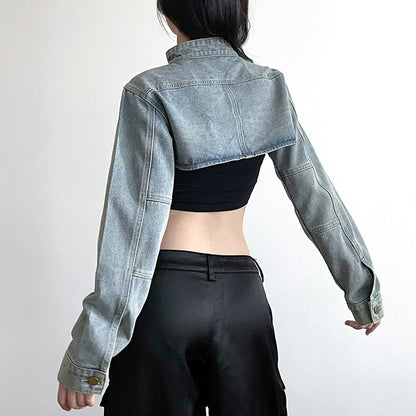 Loose Long Sleeve Ultra Short Denim Waistcoat Jacket Blouse