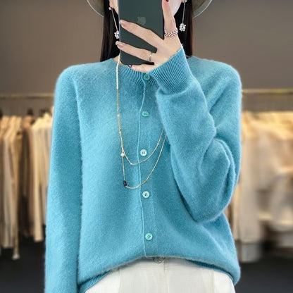 Cashmere Wool Cardigan Sweater Women's O-Neck Long-sleeve