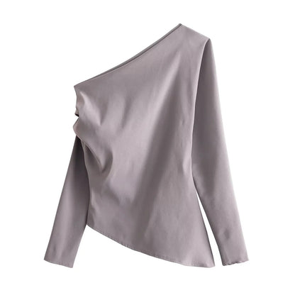 Winter New Shoulder Asymmetric Fold Slim Shirt Top For Women