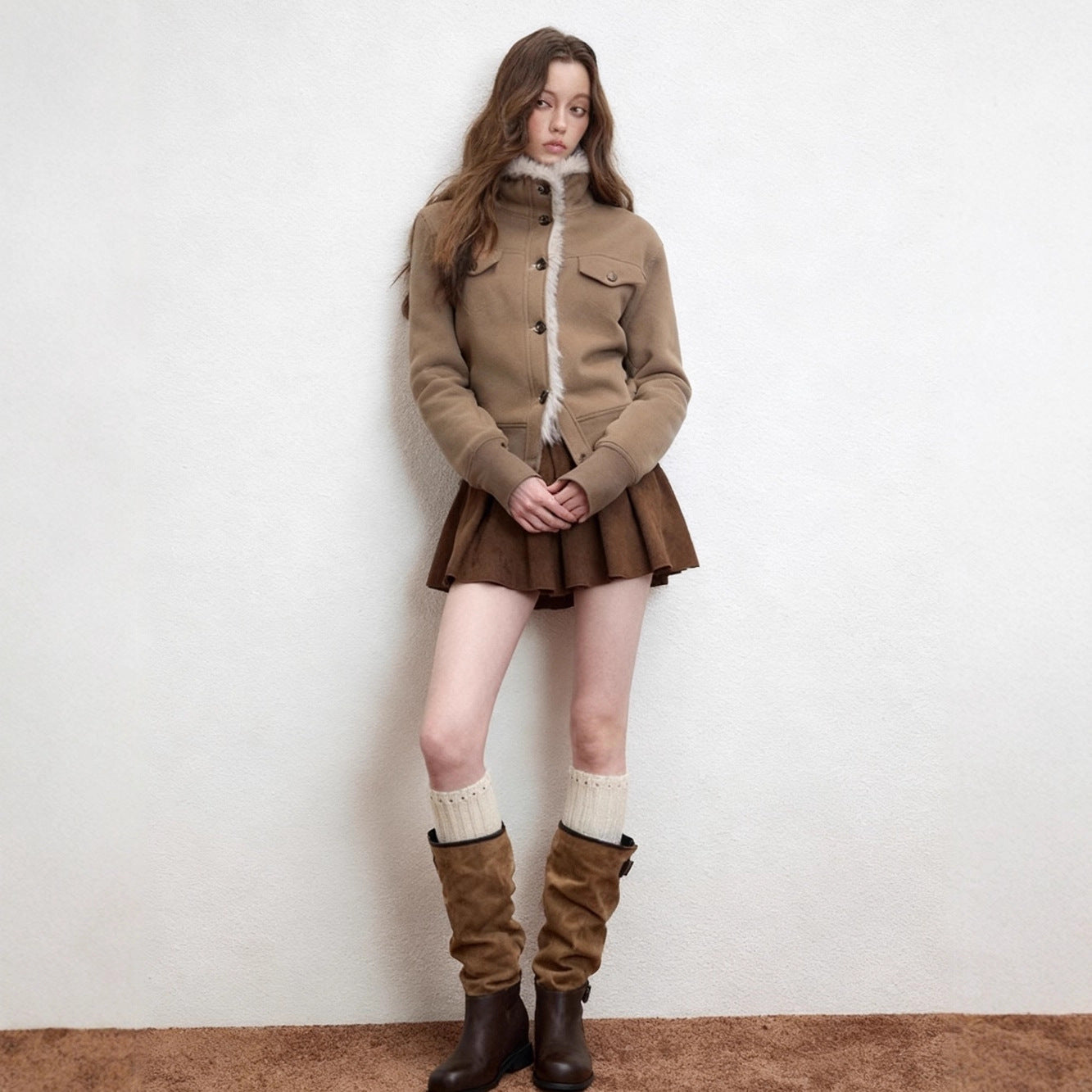 Womens Stand-Up Collar Thickened Patchwork Wool Coat