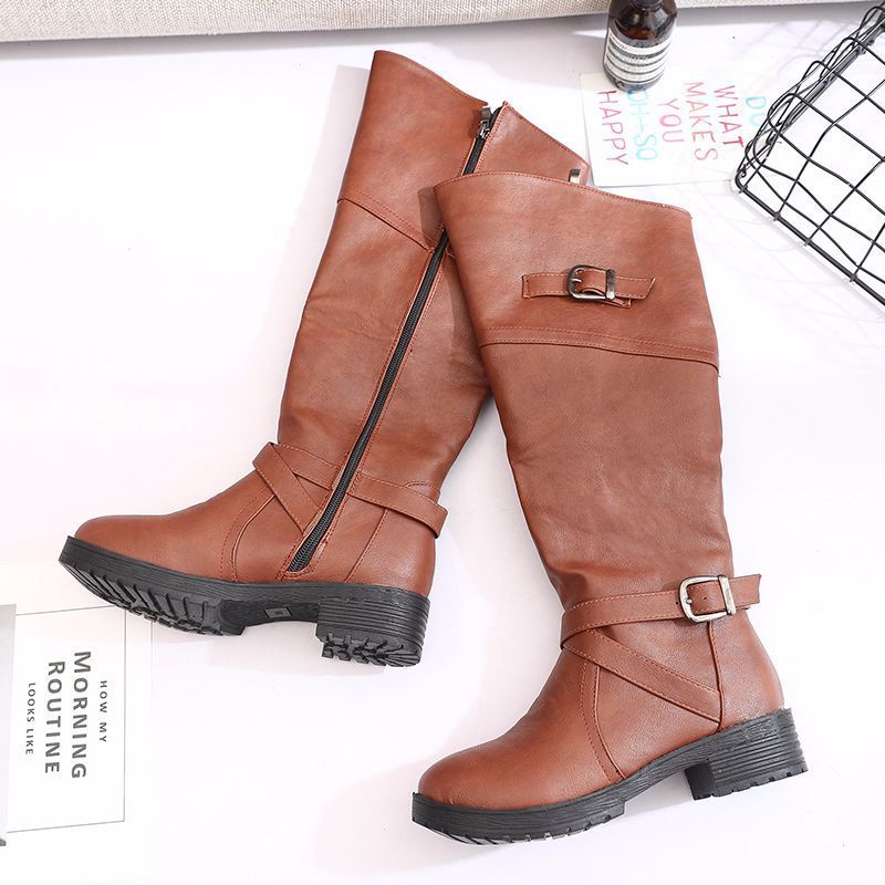 Knee Boots Women's shoes with large belt buckle and Knee Boots