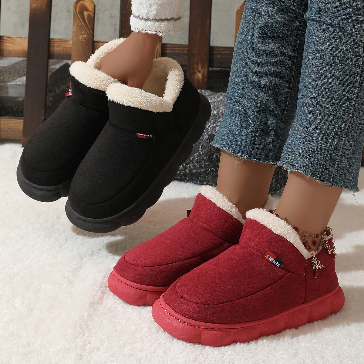 Winter Plush Cotton Shoes Women Men Warm Suede