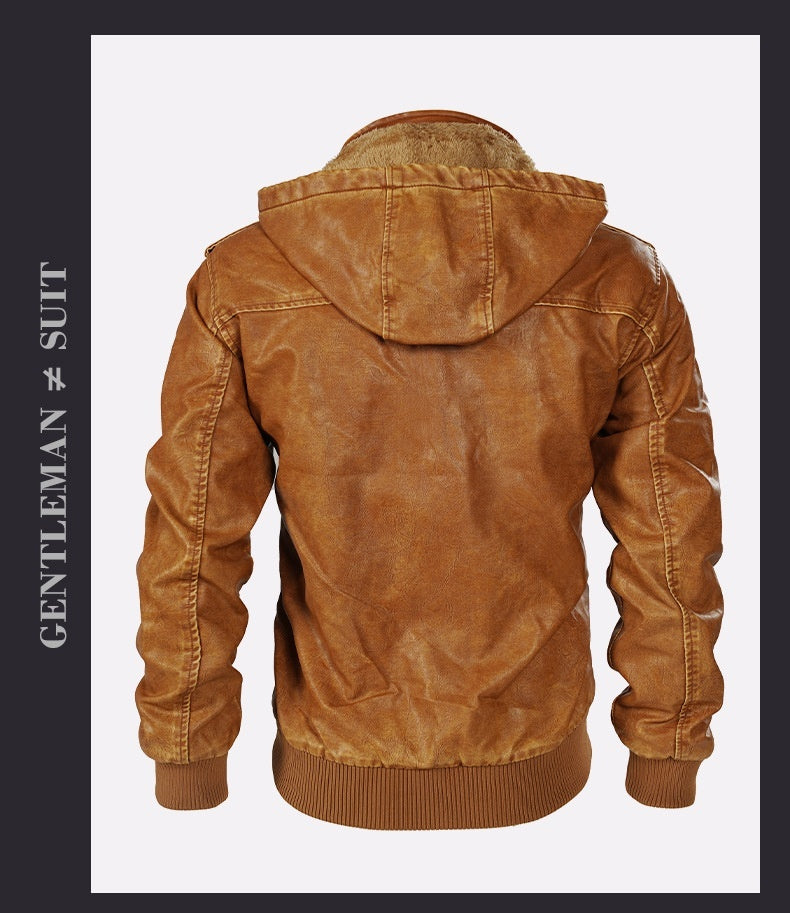 Hooded Leather Jacket Fleece-lined Men's Autumn And Winter New - sumet.shop