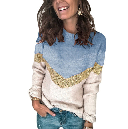 Contrast Panel Knit Pullover Crewneck Raglan Sleeve Sweater