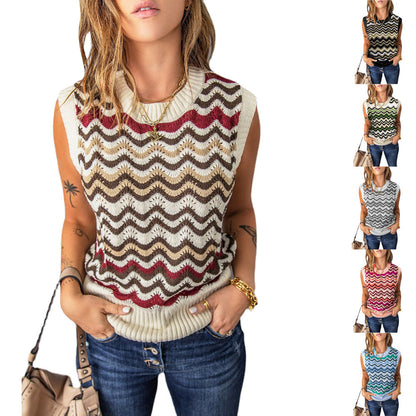 New European And American Fashion Wave Striped Knitted Vest Sweater