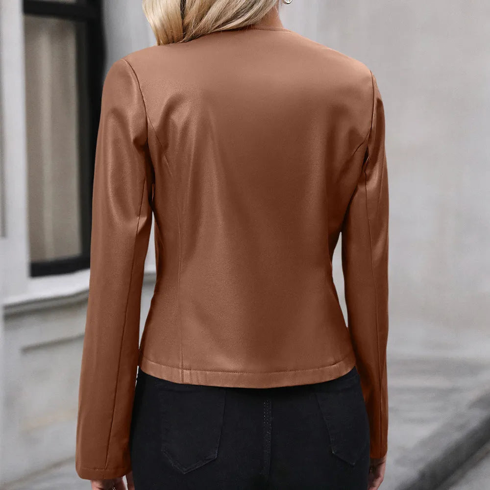 Casual Long-sleeve Jacket Solid Color Jacket Motorcycle Leather Coat Tops For Women Outwear