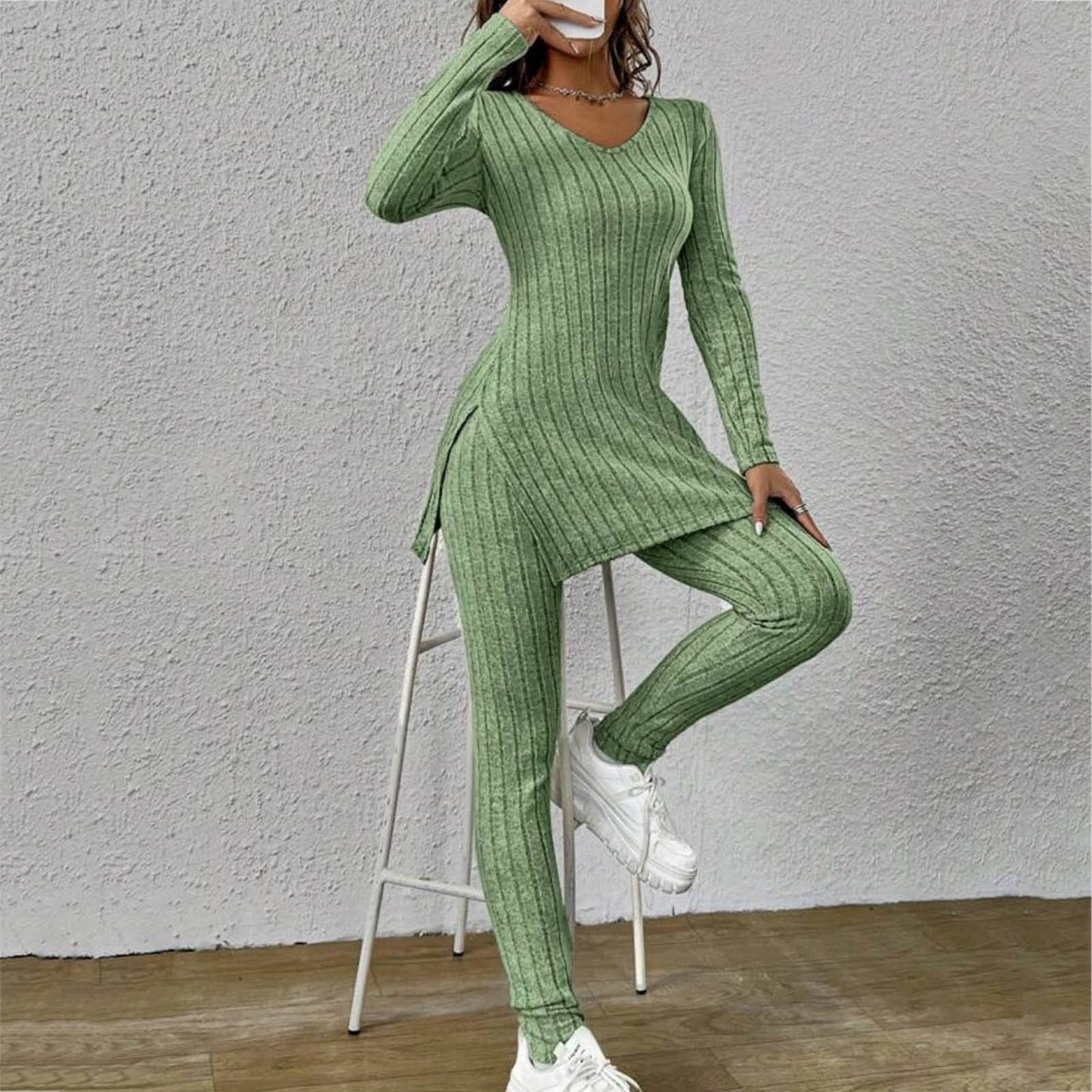 Long Sleeve Trousers Split Round-neck Shirt Loose Smart Trousers Suit