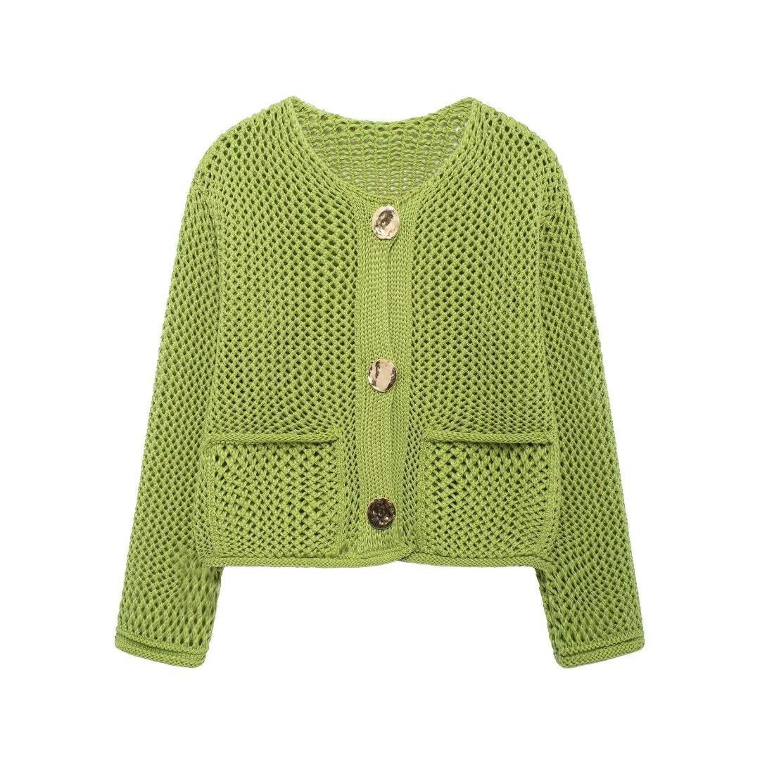 Women's Fashion Pocket Round Neck Thick Needle Knitted Coat