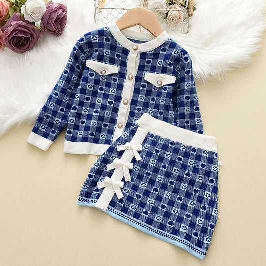 Two-piece Suit Girl Sweater Classic Style Plaid Knitted Cardigan Bow Hip Skirt Two-piece Suit Girl Sweater