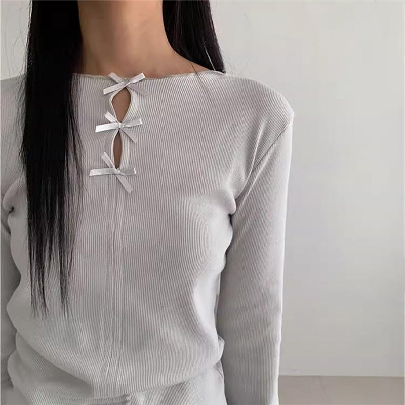 Round Neck Shirt Spring New Women's Solid Color Round Neck Hollow Bow Knitted Top