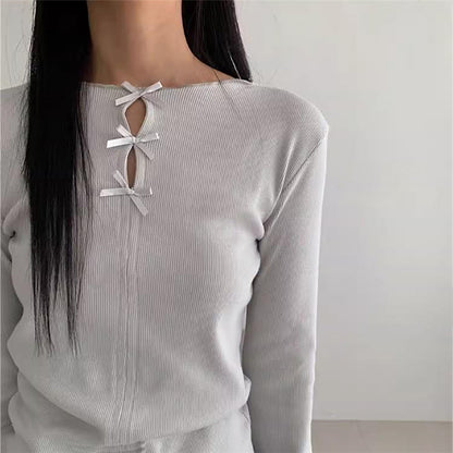 Round Neck Shirt Spring New Women's Solid Color Round Neck Hollow Bow Knitted Top