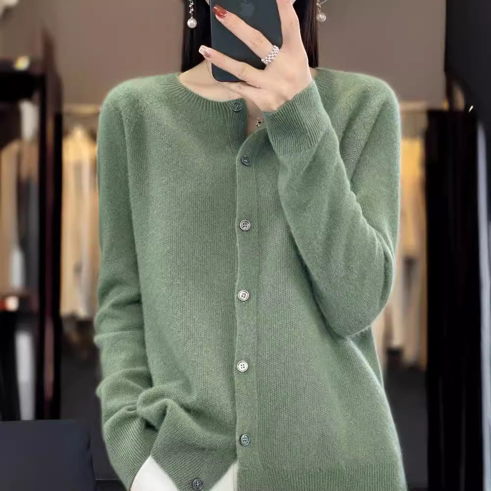 Cashmere Wool Cardigan Sweater Women's O-Neck Long-sleeve