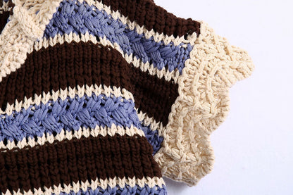 Women's V-neck Short-sleeved Color Matching Hooded Pullover Sweater
