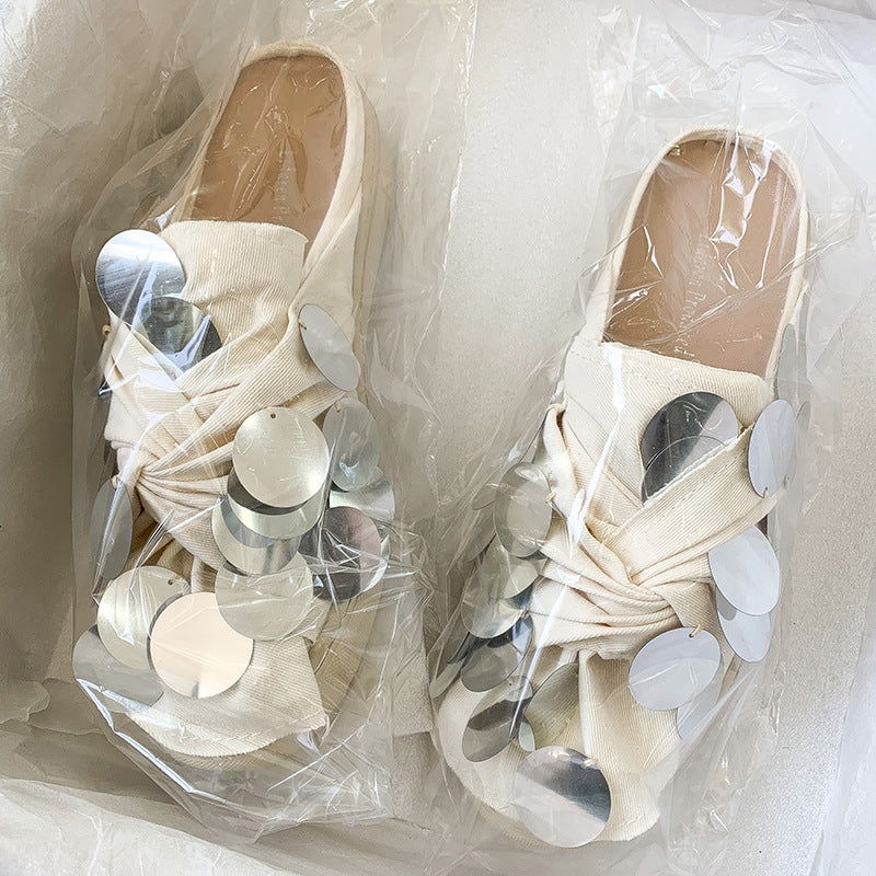 Women's Outer Wear Shoes Baotou Semi-sequined Small White Shoes Slippers Women's Outer Wear