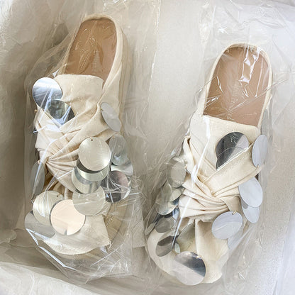 Women's Outer Wear Shoes Baotou Semi-sequined Small White Shoes Slippers Women's Outer Wear