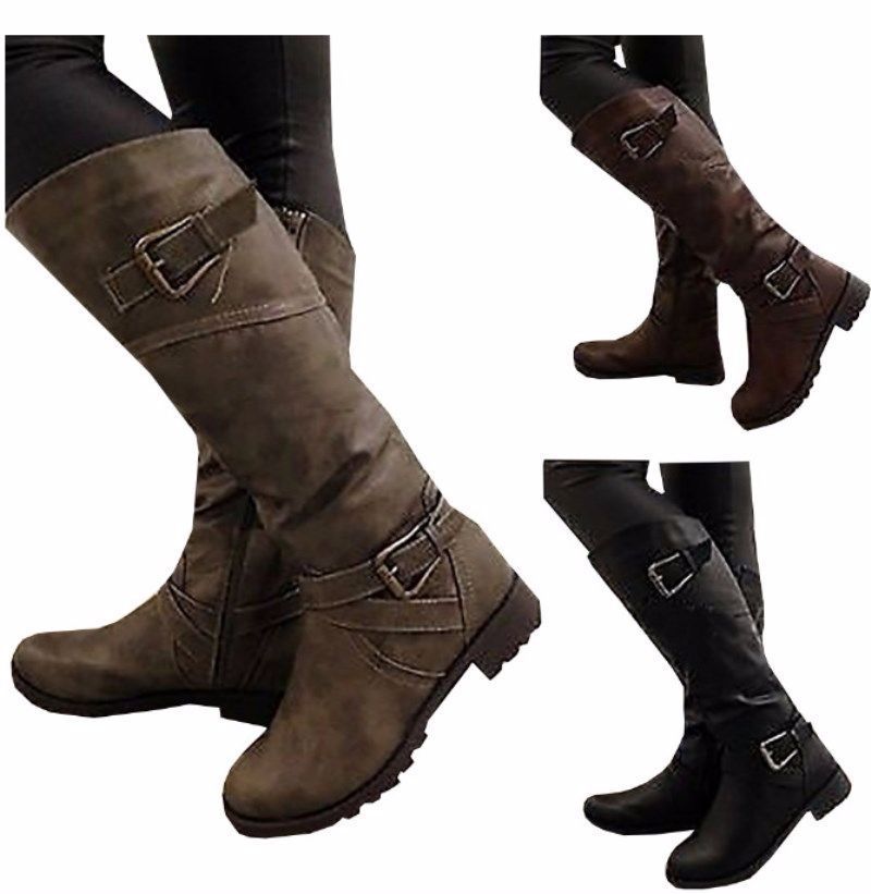 Knee Boots Women's shoes with large belt buckle and Knee Boots