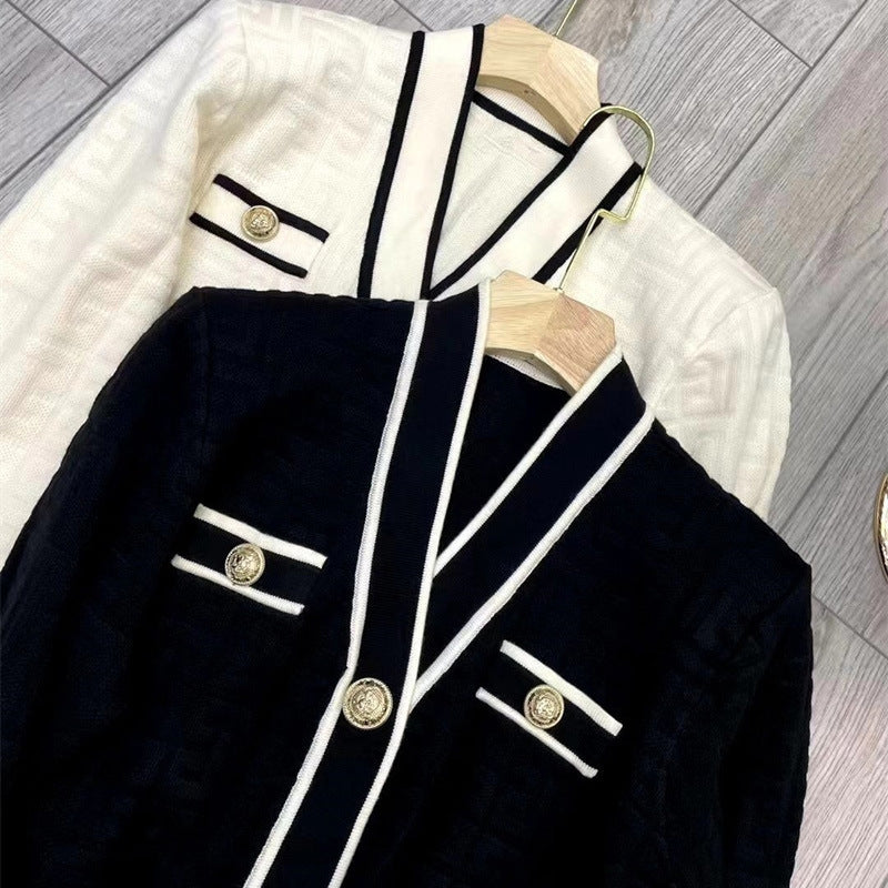 Elegant Metal Button Knit Cardigan V-Neck Letter Jacquard