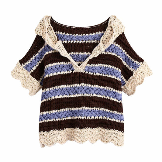 Women's V-neck Short-sleeved Color Matching Hooded Pullover Sweater