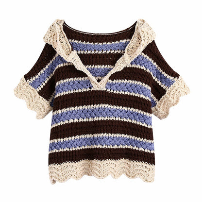 Women's V-neck Short-sleeved Color Matching Hooded Pullover Sweater