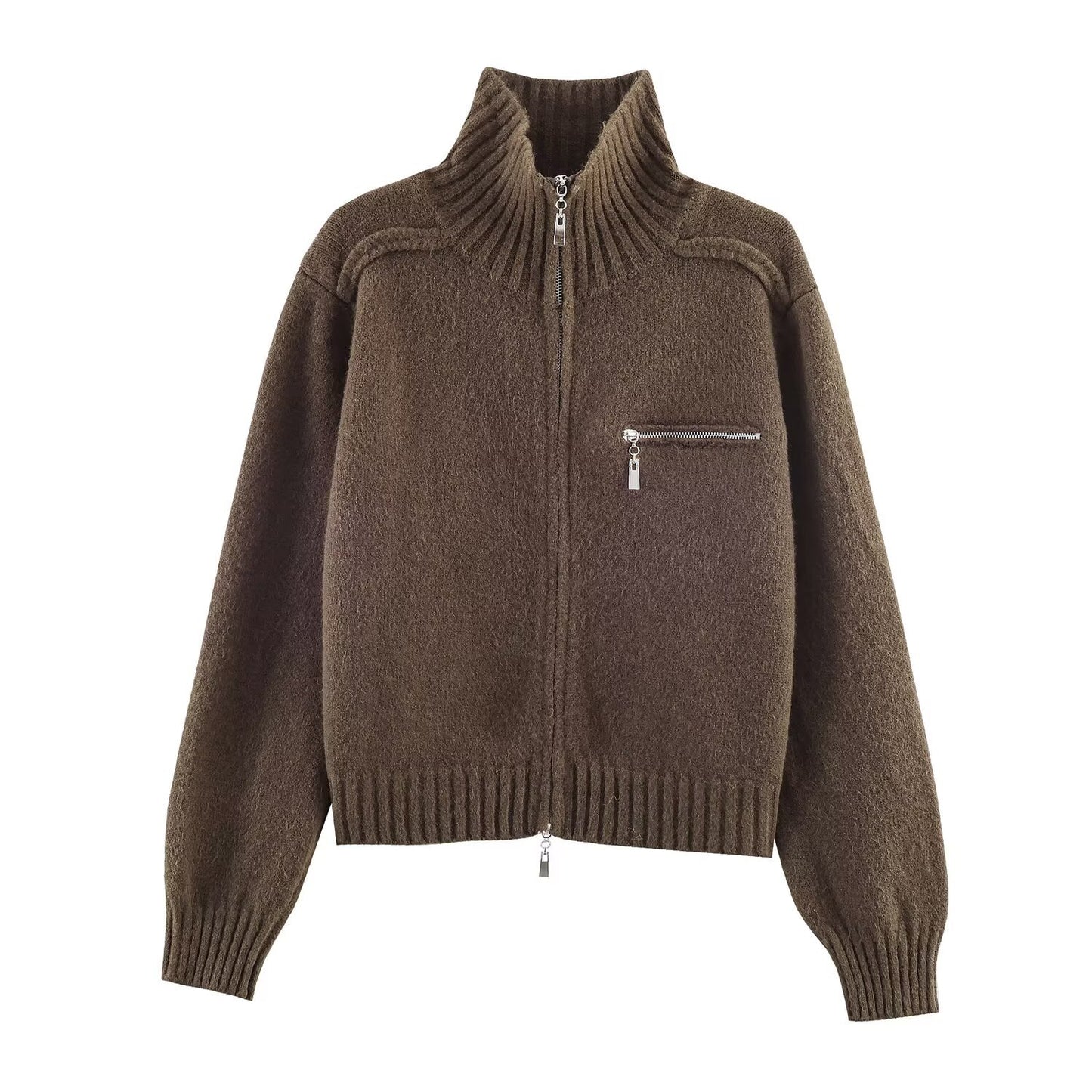 Double Zipper Design For Knitted Sweater Jacket