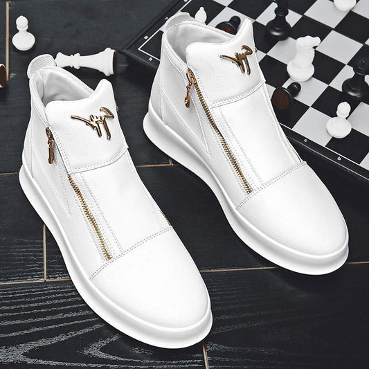 White Leather Boots Wedding Photography White Leather Boots Personality Metal Men's Shoes Double Zipper Fashion Brand Sports Casual Borad Shoes