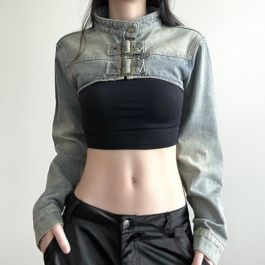 Loose Long Sleeve Ultra Short Denim Waistcoat Jacket Blouse